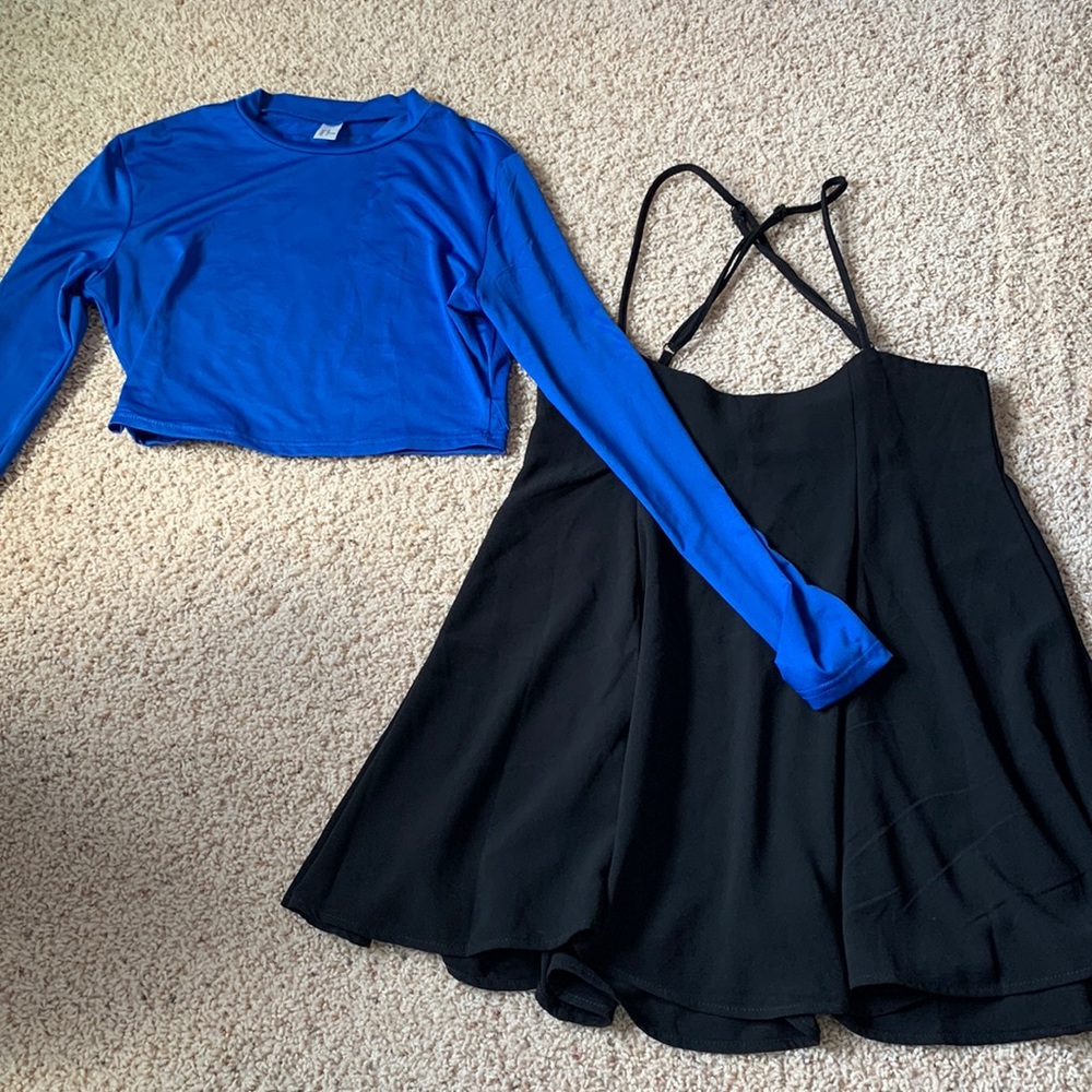 Amazon round neck long sleeve crop top and mini suspender brace skirt outfit